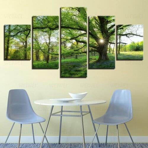 5 Panel Green Tree Landscape Home Decoration HD Printed Paintings Modular Posters Modern Tableau Wall Art Canvas