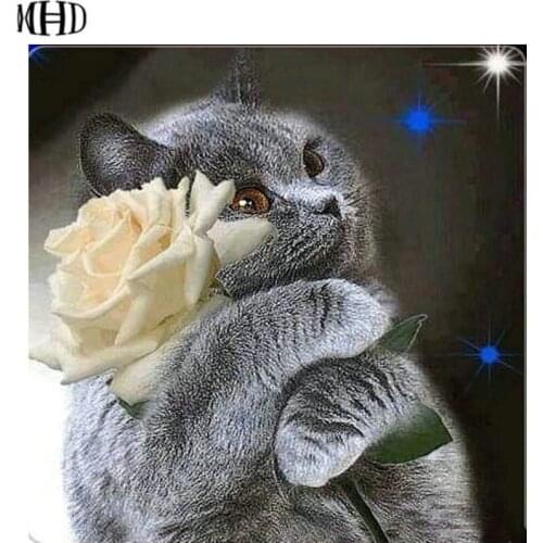 Diamond Cross Stitch Cat & Rose Diamond Painting Embroidery Kit Mosaic Pictures Full Square Diamond Painting Diy Embroidery Kit