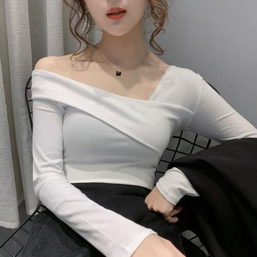 White Skew Neck Sexy Tee Shirt Women Long Sleeve Korean Style Vintage Cotton Vogue Slim Solid Basic T Shirt Tops Femme Camiseta