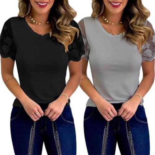 Plus Size Sexy Women Blouses Women Fashion T-shirt Solid Color O Neck Stitched Lace Sheer Sleeve Blouse Top short Sleeve Top