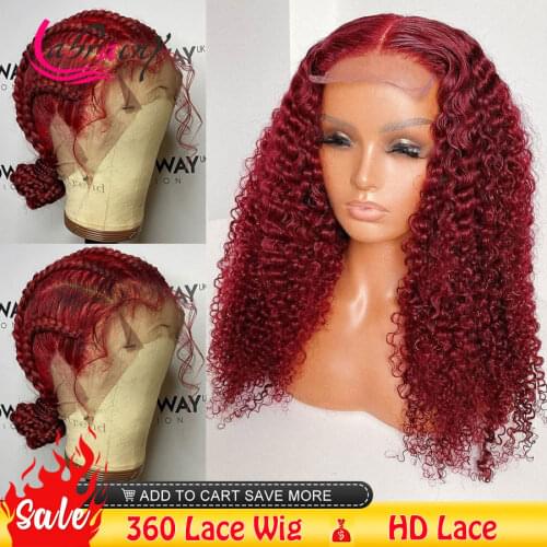 13X6 HD Transparent Lace Frontal Human Hair Wigs 99J Kinky Curly Burgundy Woman Front Wig Deep Wave Pre Plucked Full Red 13x4