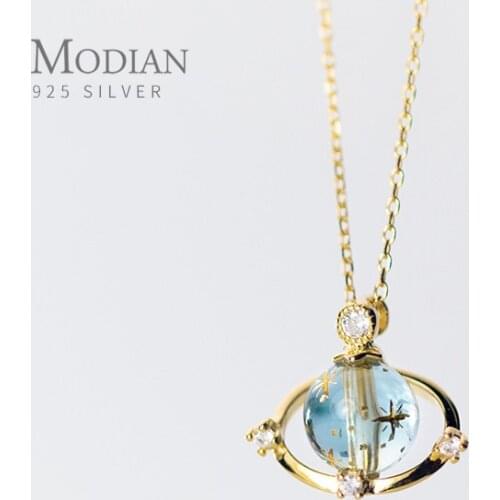 Modian Trendy Blue Crystal Planet Pendant Necklace for Women 100% 925 Sterling Silver Fashion Link Chain Necklace Fine Jewelry