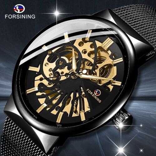 FORSINING Mens Watch Full Stainless Steel Transparent Mechanical Watch Skeleton Steampunk Clock Men Relogio Masculino