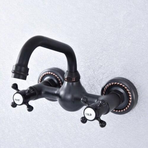 Wall Mounted Bathroom Kitchen Faucet Dual Handle Black Bronze Hot and Cold Water Tap 360 Swivel Spout Kitchen Mixer Tap Lsf722