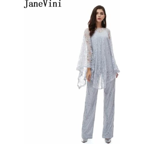 JaneVini 2020 Elegant Mother of The Bride Dresses Pant Suits for Wedding 3 Pieces Lace Outfits Womens Evening Gown with Cape
