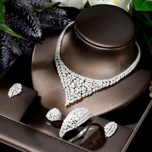 HIBRIDE Elegant Geometric Design Wedding Zirconia Jewelry Set Micro Pave Zirconia African Beads Jewelry Set Party N-1807