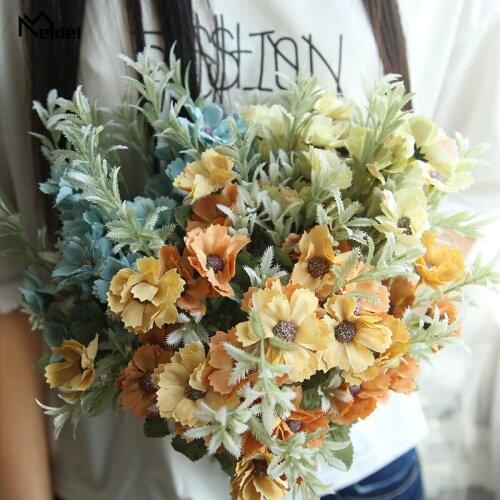 Meldel Mini Bouquet Artificial Fake Flower 15 Heads Silk Milan Bunch Flower Arrangement Wedding Party Home Festival Table Decor