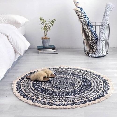 90cm Retro Boho Round Carpet Bedroom Boho Style Tassel Cotton Rug Hand Woven National Classic Tapestry Sofa Tatami Floor Mats