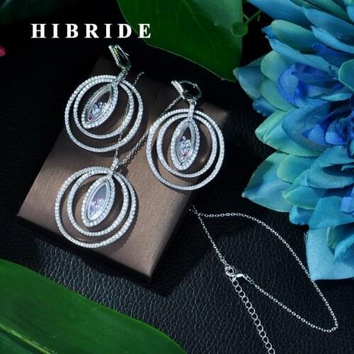 HIBRIDE Newly White Color Jewelry Sets Luxury Sparkling Cubic Zircon Wedding Earrings Necklace Jewelry Sets Heavy Dinner N-116