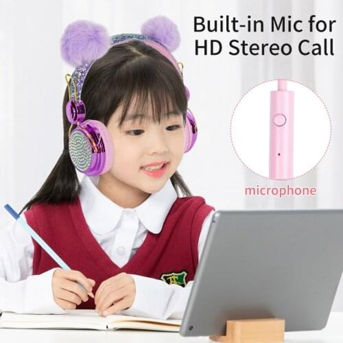 Cute Anime Cartoon Glitter Bear Kids Wired Headphone3.5mm Over On Ear Headset with Microphone for Girls Birthday Gift