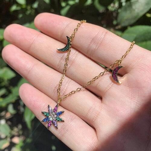 Funmode Charm Star Moon Pendant Copper Chain Necklace For Women Girl Wholesale Fashion Necklace Jewelry Gifts FN56