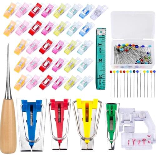 LMDZ 4Size Bias Tape Tool Kit with Instruction Kit Stainless Steel Clips Machine Presser Foot for Fabric Sewing and Quilting