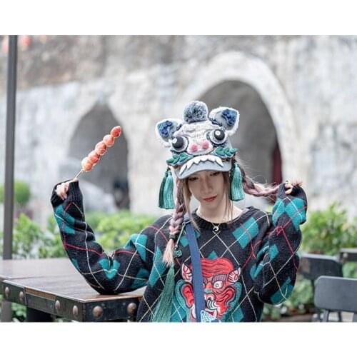 Chinese Style Hand Made Tiger Head Hat National Style Paste Cloth Baseball Cap Autumn And Winter Travel Sunshade Hat Dome Wide