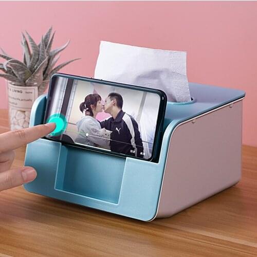 Stylish office desk small tissue box with mobile phone holder function