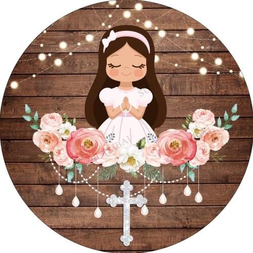 Holy Communion Circle Round Backdrop Covers Baby Baptism Floral Butterfly Tablecloth Newborn Shower Party Decor Banner
