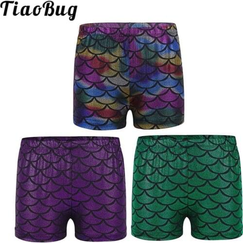 TiaoBug Kids Low Rise Shiny Mermaid Scales Pattern Dance Shorts Bottoms Girls Gymnastic Sports Workout Gymnastics Yoga Shorts