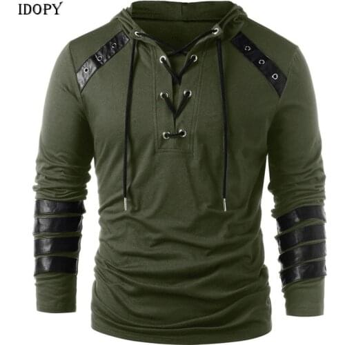 Idopy Mens Hi Street Hoodies Faux Leather Punk Patchwork Fashion Streetwear Pullover Sweatshirts With Hood Size M-3XL