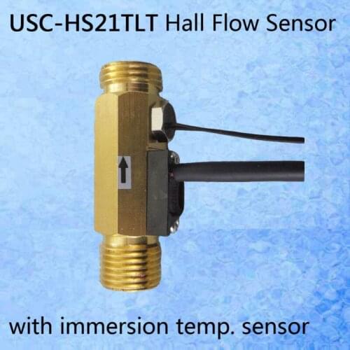 USC-HS21TLT Hall Effect Flow Sensor Water with NTC50K Temp. Sensor Immersion Type 1-30L/min BSP G1/2" Turbine flowmeter