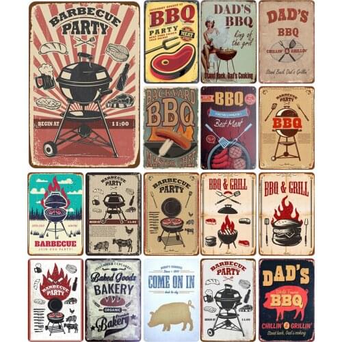 Vintage Metal Signs Barbecue Party Dads BBQ BBQ&GRILL Master Chef Best Meat for Garden Decorative Home Farmhouse Decor Tintin