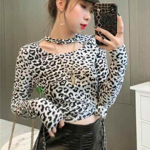 Spring Korean Ladies Sexy Gray Leopard Print Long-sleeved Tshirt Womens Slim Fit All-match Bottoming Shirt Fashion Harajuku Top