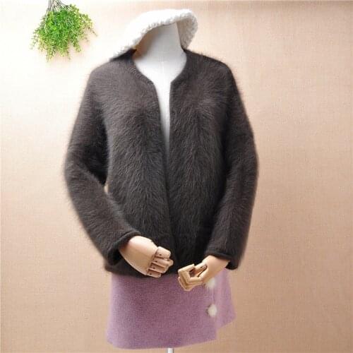 Ladies women fashion hairy mink cashmere knitted short style cropped loose long sleeves cardigans angora fur jacket coat sweater