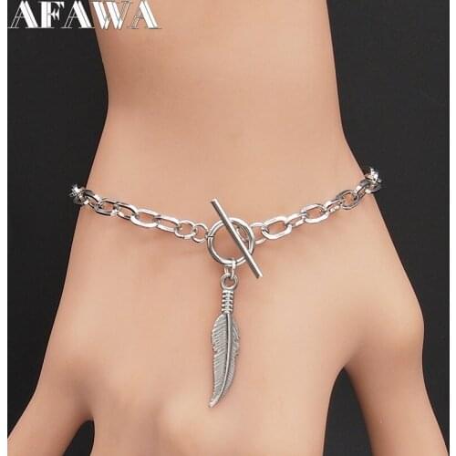 2021 Fashion Punk Feather Stainless Steel Bracelets for Women Silver Color Chain Bracelet Jewelry pulseira feminina B18578