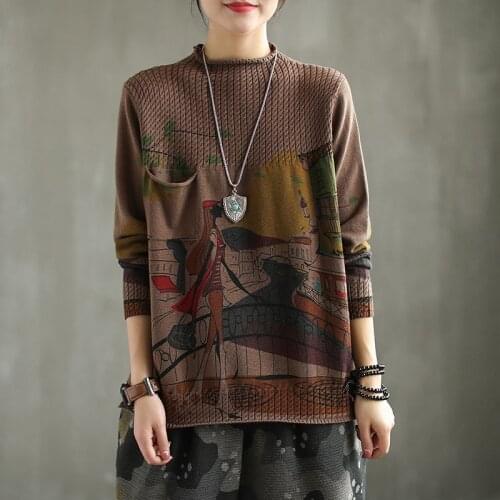 Women Spring Autumn Korea Style Round Neck Long Sleeve Vintage Girl and Hometown Printing Knitted Female Casual Oversize Sweater