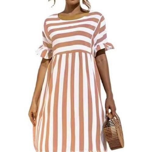 Fashion Women Dress O Neck Striped Short Ruffle Sleeve Loose Skin-friendly Knee-length Patchwork Robe for Summer Dresses