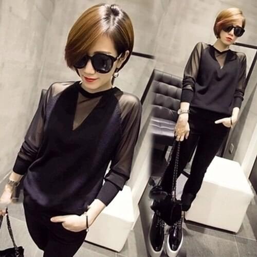 2021 Autumn Plus Size Round Neck Pullover Temperament Womens Black Mesh Long-sleeve T-shirt Sexy Slim Knitted Bottoming Shirt