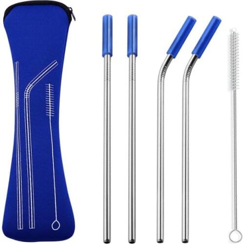 4pcs/set 304 Stainless Steel Straws Reusable High Quality Silver Drinking Straw with Brush & Neoprene Bag for 20oz mugs SN1814