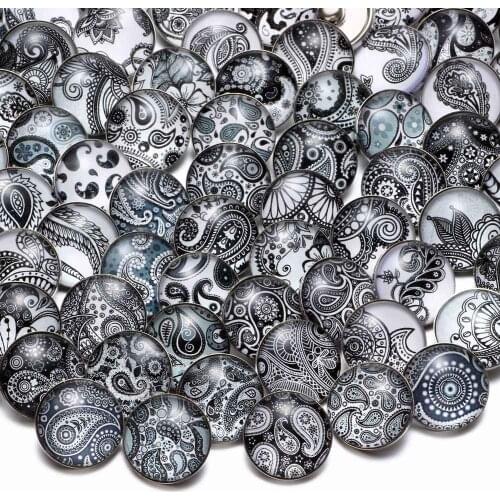 50pcs/Lot Black & White Theme Paisley Pattern Glass Charms 18mm Snap Button Charms For 18mm Snaps Bracelet Snap Jewelry KZHM060
