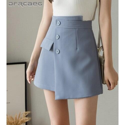 Summer Asymmetric Mini Womens Skirt With Button 2021High Waist Casual Work Wear Short Skirts Female Light Blue
