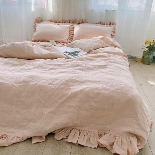 Free shipping 3 PC SET Aged like PINK Organic Hemp Ruffles Duvet Cover with 2 Pillow Cases / shams Smoke Pink Supply Customized