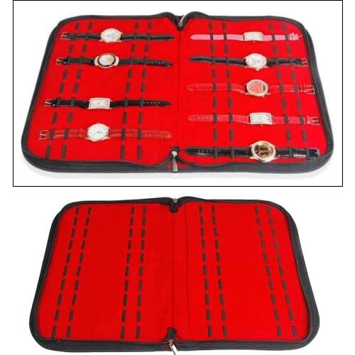 BLACK LEATHER 20 SLOTS ZIPPER WATCH CASE STORAGE BOX ORGANIZER RED INTERIOR