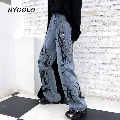 NYOOLO Vintage streetwear Madonna print Washed jeans Autumn Loose high waist full length straight denim pants women men clothing