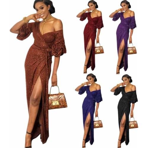 Europe and America V-neck Split Vestidos de Fiesta de Noc Sequins Puff Sleeve Long Sexy Dress M12
