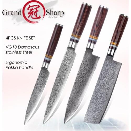 Grandsharp Damascus Kitchen Knives 4 Pcs Chef Knife Set Nakiri Slicing Utility Home Cooking Tools VG10 Japanese Stainless Steel