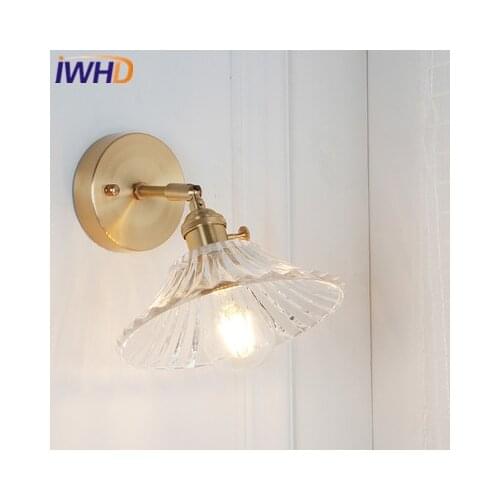 IWHD Copper Nordic Style Wall Lamp Vintage LED Wall Lights With Glass Lampshade Fixtures Home Lighting Bedside Sconce Luminaire