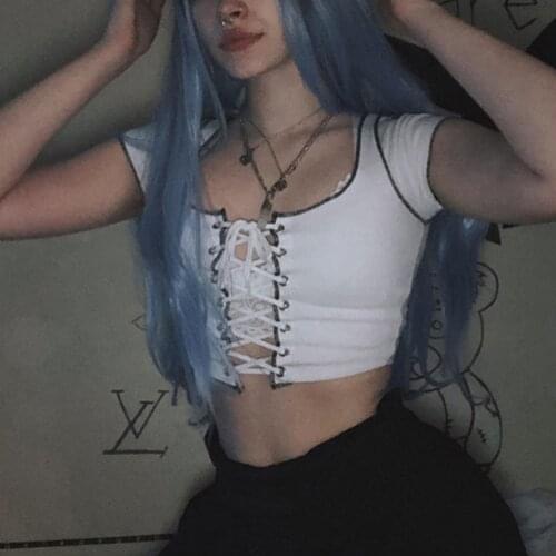 ZEBERY harajuku punk black hollow out lace up tees Crop Tops Y2K woman summer casual bodycon sexy low chest party streetwear