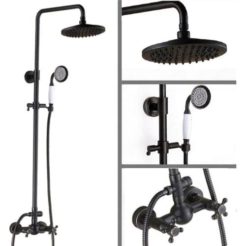 Black Oil Rubbed Brass Dual Cross Handles Bathroom 8 Inch Round Rain Shower Faucet Set Bath Mixer Tap Hand Shower mrs414