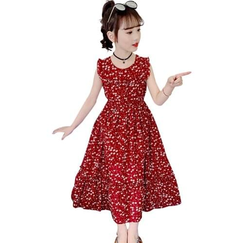 Girls Summer Dress Floral Print Party Beach Dress For Girls Sleeveless O Neck Dress Kids Teenage Girls Clothes Clothing
