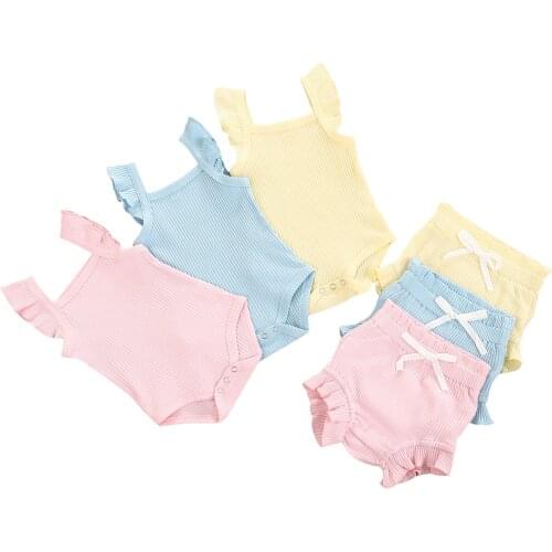 Citgeett Summer Solid Infant Baby Girl Tops Lace Up Pants Suit Short Ruffle Sleeve Romper Loose Shorts Fashion Set Clothes