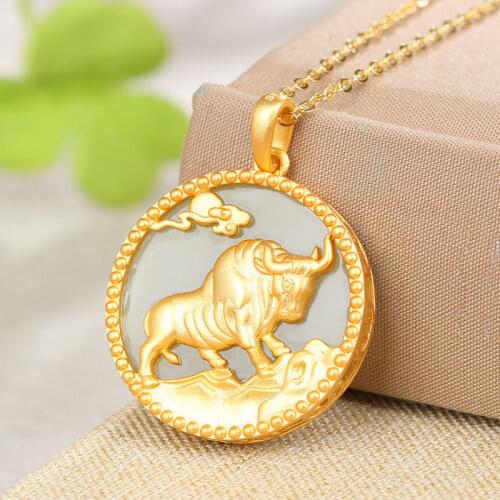 S925 Sterling Silver Necklace Inlaid Natural Hotian Jade Pendant Mens and Womens Clavicle Chain Fu Niu Peace Buckle round Bran