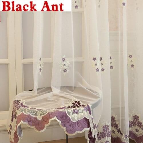 Purple Flowers Sheer Curtain For Living Room Embroidery Voile Bay Window Treatment Blind Drapes Tulle Curtain M083#30