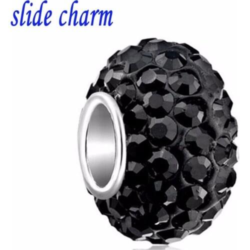 Slide charm Free shipping Valentines amulet black rhinestone clay beads fit Pandora bracelet charm