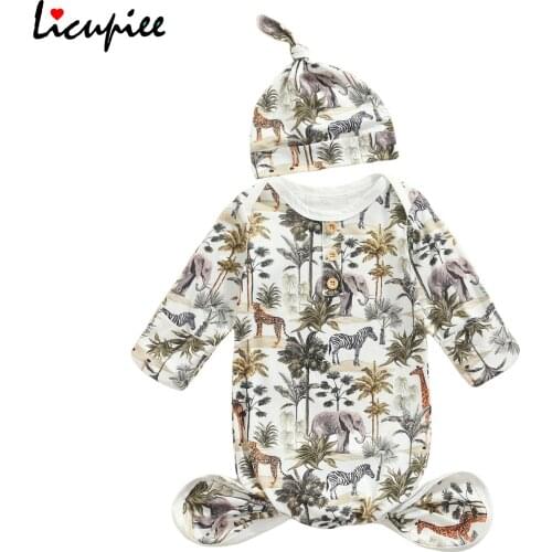 0-6 Months Forest Animals Print O-neck Long-sleeves Bunting + Knotted Hat for Newborn Girls 2pcs Baby Sleeping Bag Set Boys