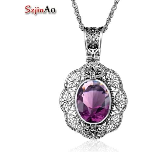 Szjinao Hot Vintage Custom 925 Sterling Silver Pendant Necklaces Amethyst Plower Necklaces For Women Jewelry Wholesale