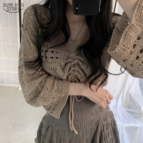 Vintage Long Sleeve Ladies blouses Autumn Korean Style Hollow-out Knit Women Shirts Casual Loose Solid Women tops blusa 10194