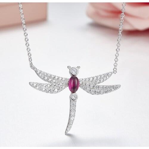 SLJELY S925 Sterling Silver Red Stone Dragonfly Pendant Full Micro Pave Cubic Zircon CZ Necklace Women Luxury Brand Jewelry