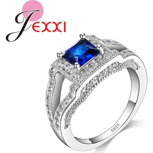 Women Elegant Top Quality Ring Blue Crystal Square Shape Elegant Wedding Bridal Finger Rings Jewelry